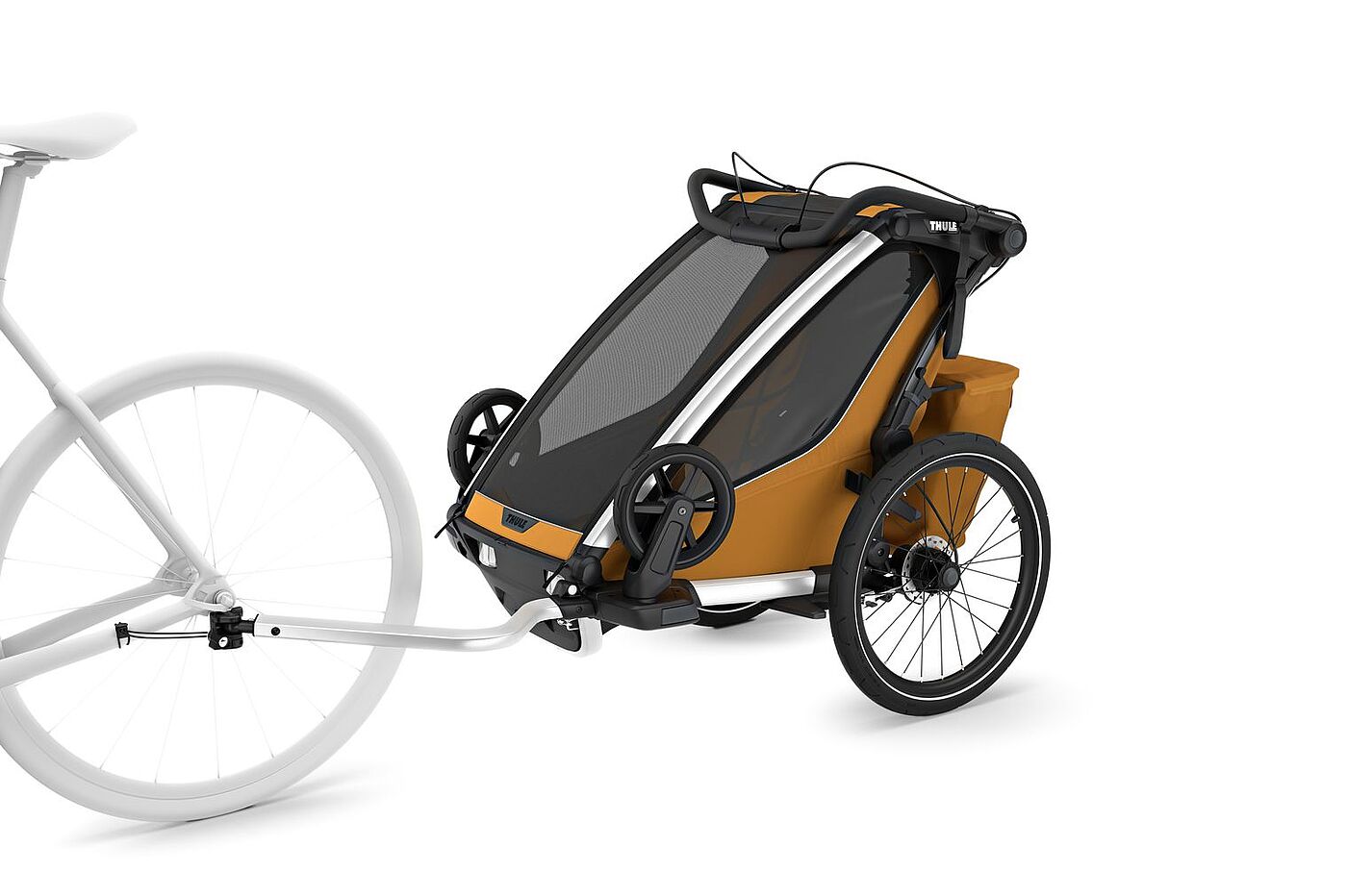 Kinderanhänger fürs Fahrrad gibt es auch als Einsitzer. Freisteller eines Kinderanhängers fürs Fahrrad als Einsitzer